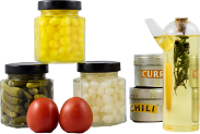 chili powder, curry powder, tomatoes, and other containers